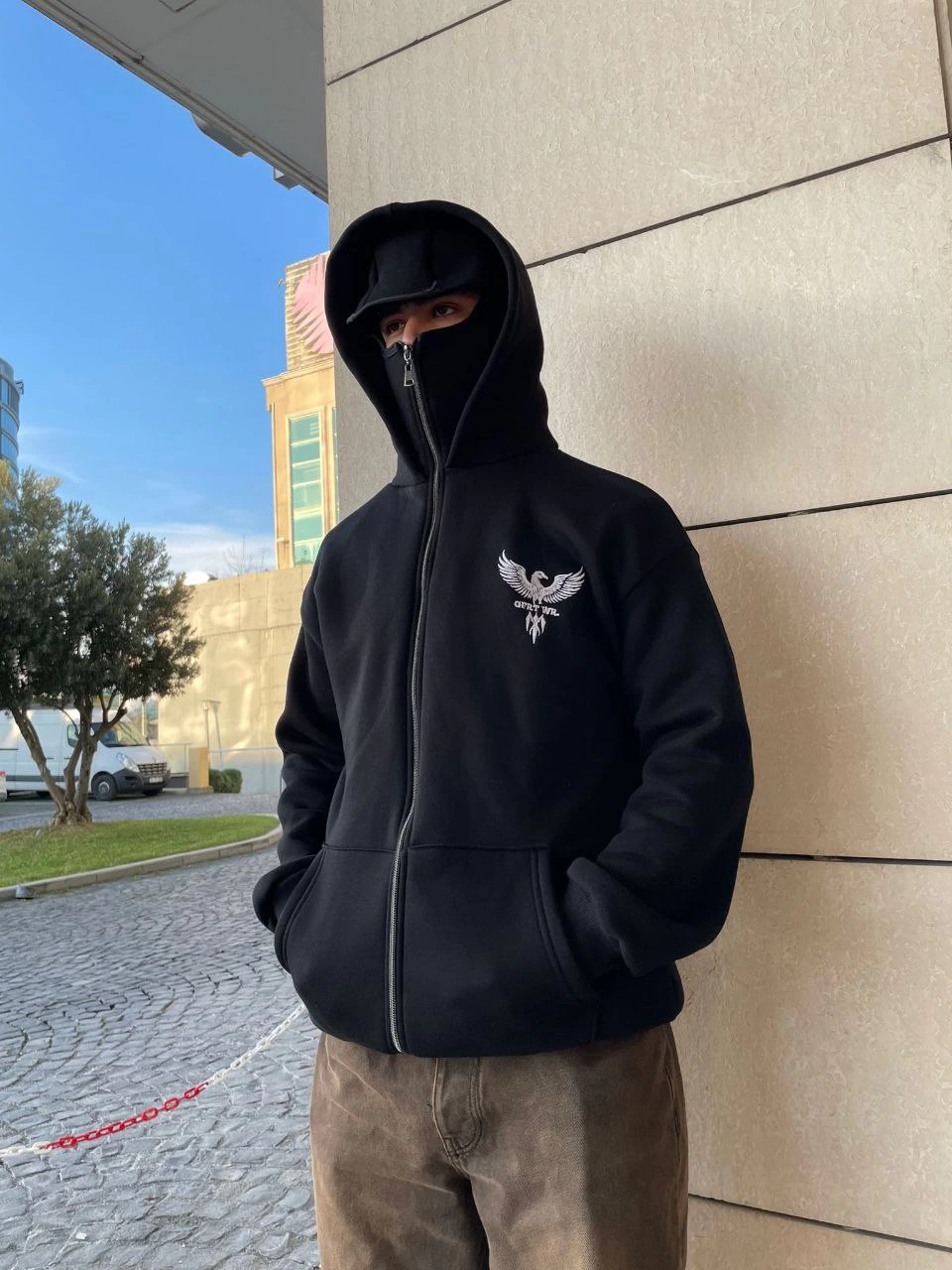 Samuray kapüşonlu ZIP Fermuarlı kapüşonlu SweatShirt - Siyah