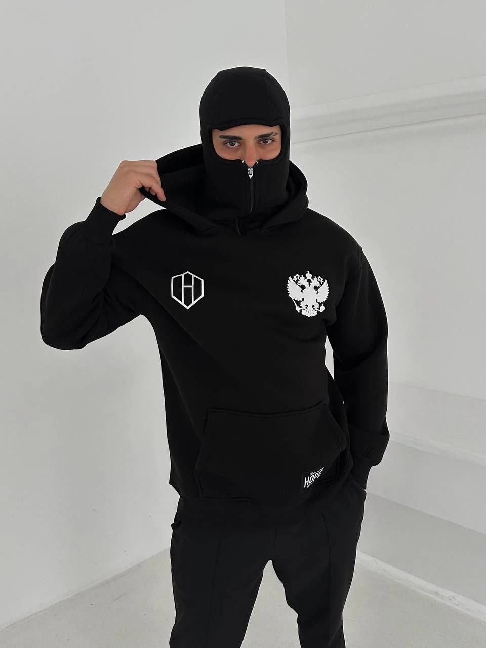 Samuray Ninja Çift Kapşonlu ZIP Fermuarlı Kanguru Çepli Tam Fermuarlı Hoodie ön ve Arka Baskılı Maske Detaylı  sweatshirt - Siyah