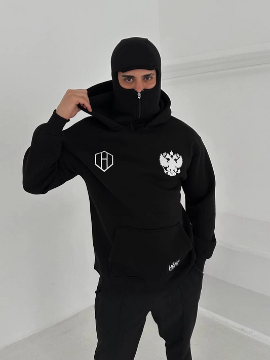 Samuray Ninja Çift Kapşonlu ZIP Fermuarlı Kanguru Çepli Tam Fermuarlı Hoodie ön ve Arka Baskılı Maske Detaylı  sweatshirt - Siyah