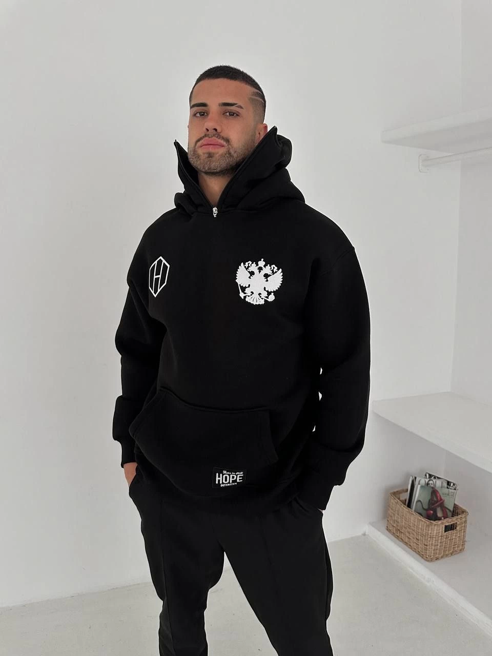 Samuray Ninja Çift Kapşonlu ZIP Fermuarlı Kanguru Çepli Tam Fermuarlı Hoodie ön ve Arka Baskılı Maske Detaylı  sweatshirt - Siyah