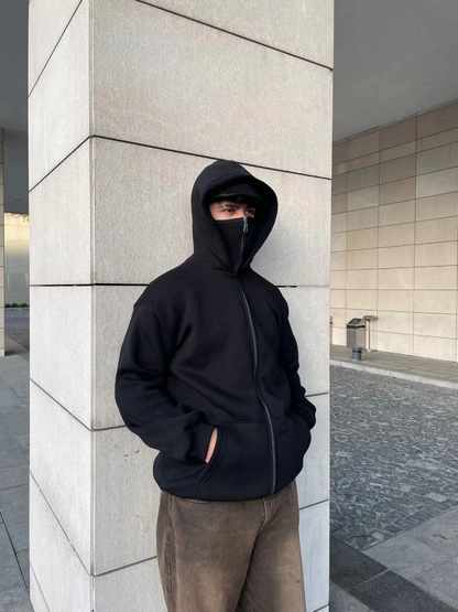 Samuray Ninja Çift Kapşonlu ZIP Fermuarlı Kanguru Çepli Tam Fermuarlı Hoodie  sweatshirt - Siyah
