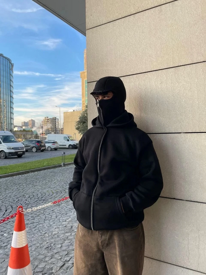 Samuray Ninja Çift Kapşonlu ZIP Fermuarlı Kanguru Çepli Tam Fermuarlı Hoodie  sweatshirt - Siyah