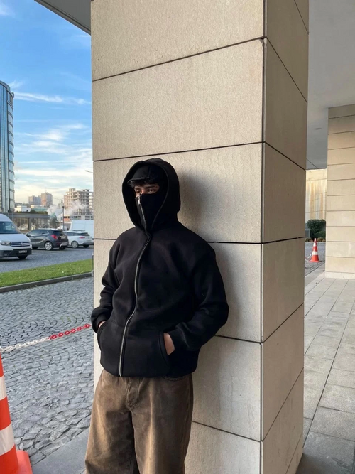 Samuray Ninja Çift Kapşonlu ZIP Fermuarlı Kanguru Çepli Tam Fermuarlı Hoodie  sweatshirt - Siyah