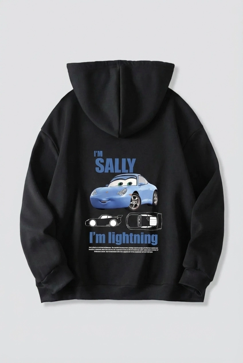 Sevgililer Günü Özel Kapüşonlu Araba Baskılı Oversize Sweatshirt - Siyah