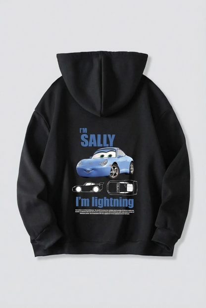 Sevgililer Günü Araba Temalı Baskılı Oversize Kapüşonlu Sweatshirt Hoodie - Siyah