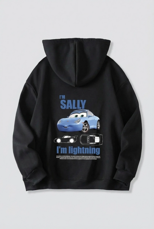Sevgililer Günü Araba Temalı Baskılı Oversize Kapüşonlu Sweatshirt Hoodie - Siyah