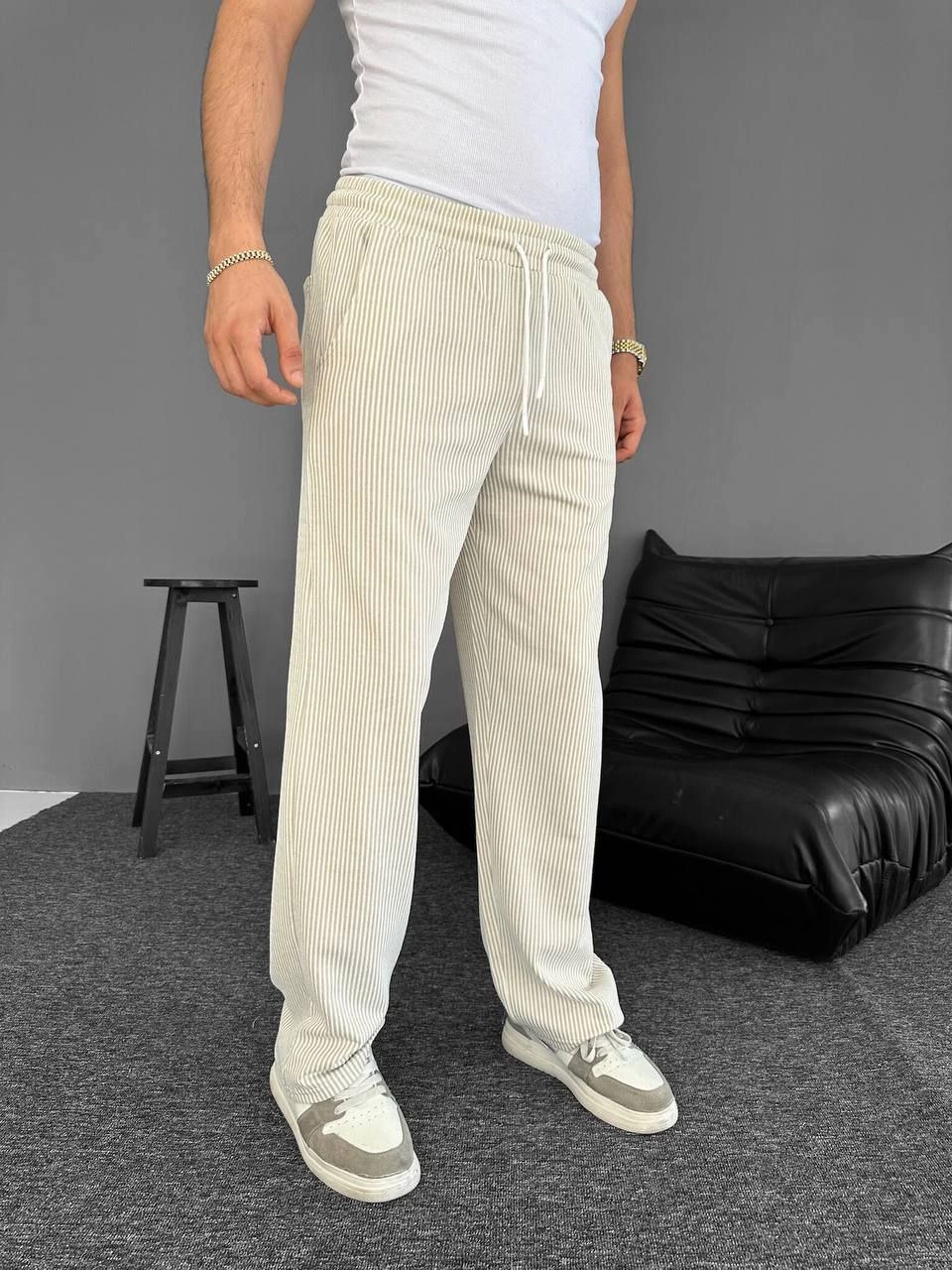 Erkek Su Yolu Çizgili Cepli Pantalon  - Bej