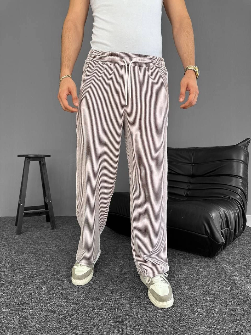 Su Yolu Çizgili Cepli Pantalon Yazlık - Kahverengi -