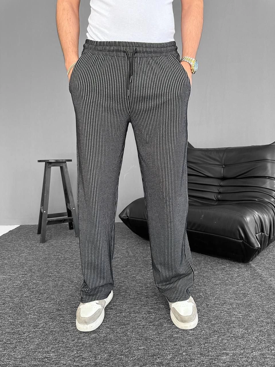 Su Yolu Çizgili Cepli Pantalon - Siyah -