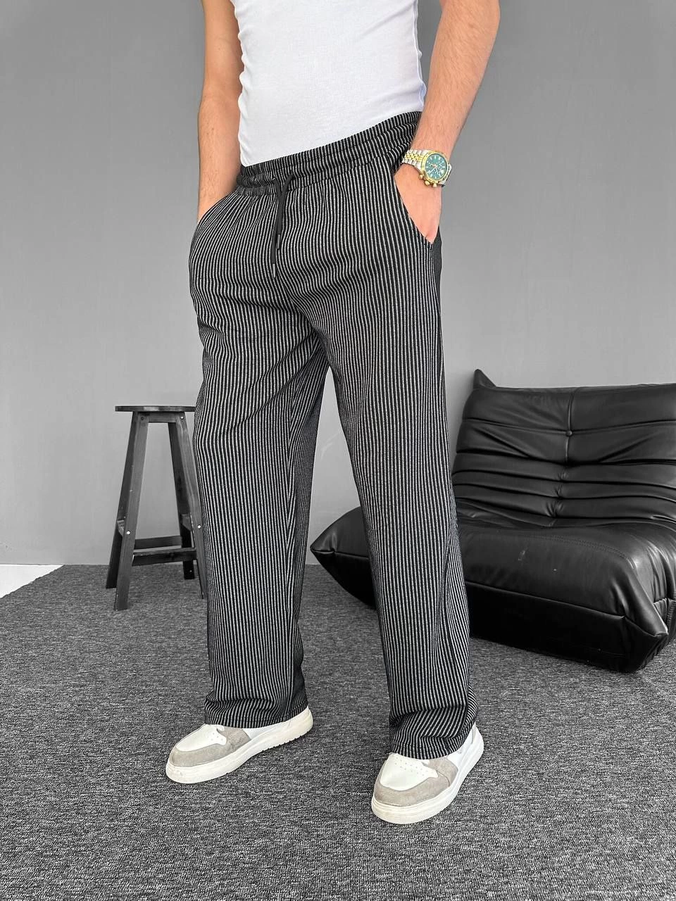 Su Yolu Çizgili Cepli Pantalon - Siyah -