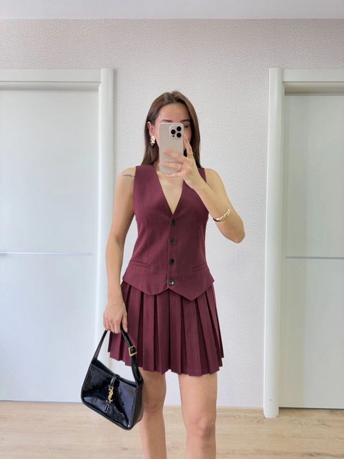 Keten Takım Görünümlü Düğme Detaylı Yelekli Mini Elbise - Bordo -