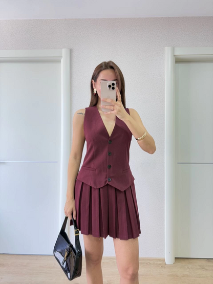Keten Takım Görünümlü Düğme Detaylı Yelekli Mini Elbise - Bordo -
