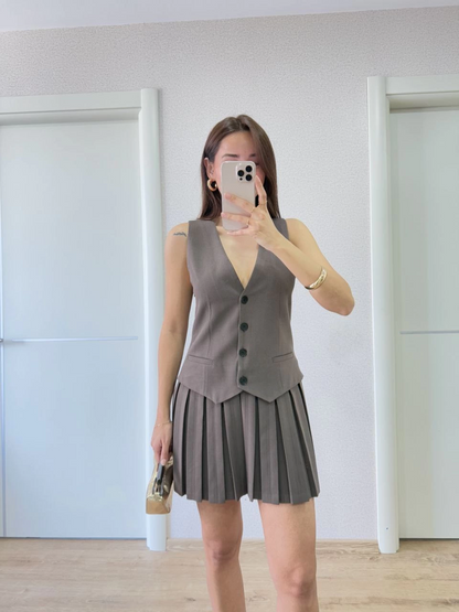 Keten Takım Görünümlü Düğme Detaylı Yelekli Mini Elbise - Füme -