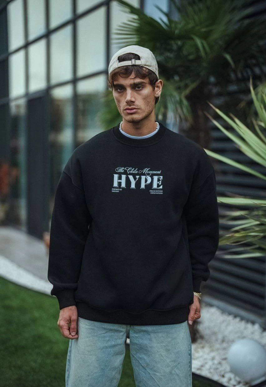 Üç İplik Bisiklet Yaka Baskılı SweatShirt - Siyah -