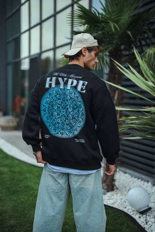 Üç İplik Bisiklet Yaka Baskılı SweatShirt - Siyah -