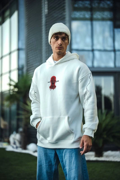 Üç İplik Kapüşonlu Baskılı Oversize SweatShirt- Beyaz