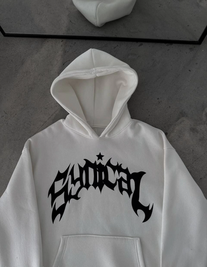 Üç İplik Kapüşonlu Baskılı Oversize SweatShirt- Beyaz -