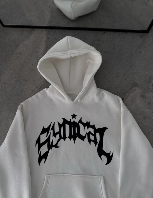 Kışlık Kapüşonlu Baskılı Oversize SweatShirt- Beyaz -
