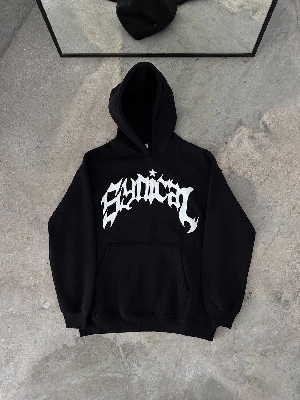 Üç İplik Kapüşonlu Baskılı Oversize SweatShirt- Siyah -