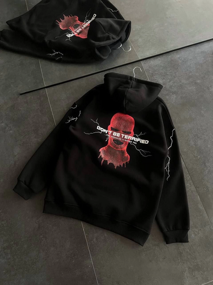 Üç İplik Kapüşonlu Baskılı Oversize SweatShirt- Siyah