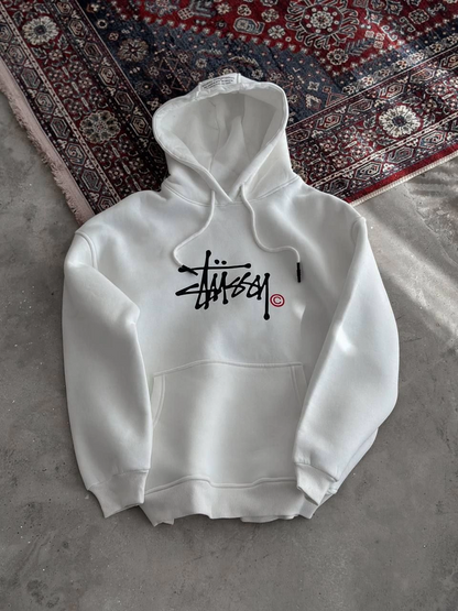 Üç İplik Kapşonlu Baskılı SweatShirt - Beyaz -