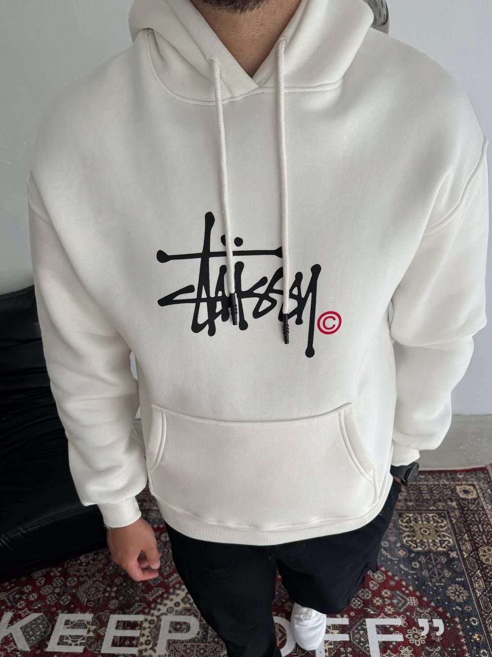Üç İplik Kapşonlu Baskılı SweatShirt - Beyaz -