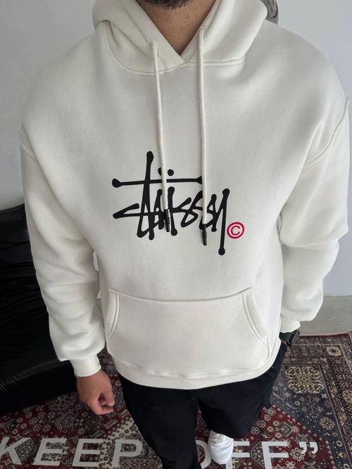 Üç İplik Kapşonlu Baskılı SweatShirt - Beyaz -