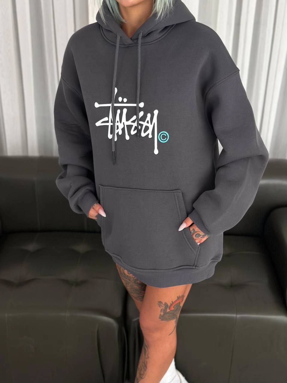 Üç İplik Kapşonlu Baskılı SweatShirt - Füme -