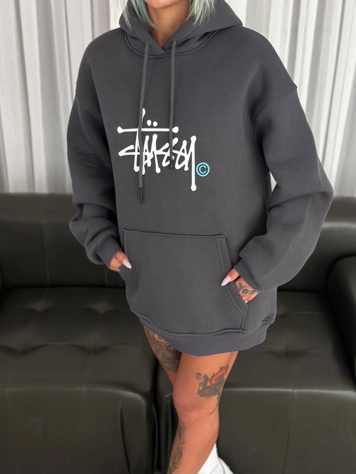 Üç İplik Kapşonlu Baskılı SweatShirt - Füme -