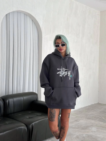 Üç İplik Kapşonlu Baskılı SweatShirt - Füme -