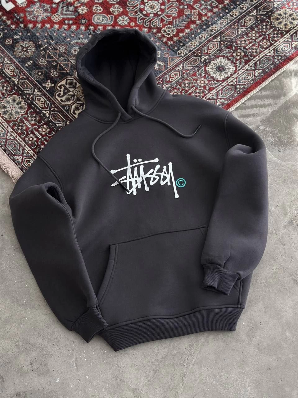 Üç İplik Kapşonlu Baskılı SweatShirt - Füme -
