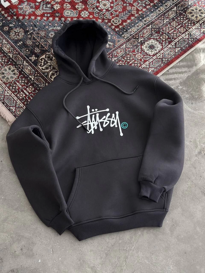 Üç İplik Kapşonlu Baskılı SweatShirt - Füme -