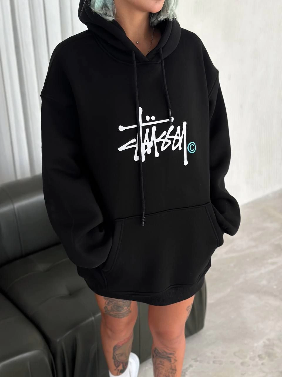 Üç İplik Kapşonlu Baskılı SweatShirt - Siyah -