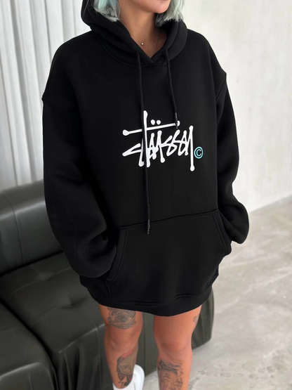 Üç İplik Kapşonlu Baskılı SweatShirt - Siyah -