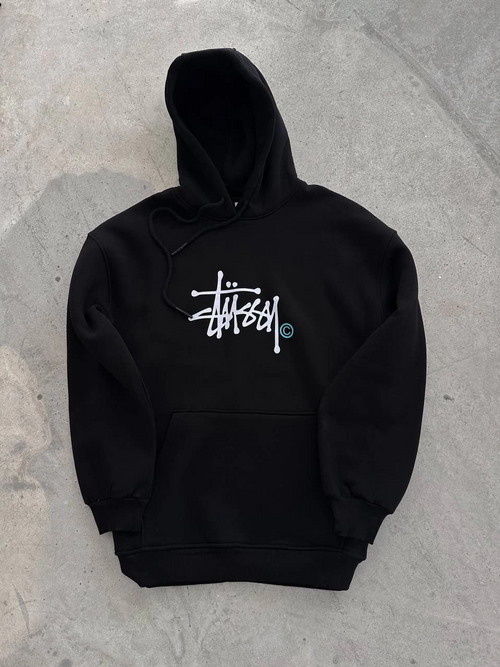 Üç İplik Kapşonlu Baskılı SweatShirt - Siyah -