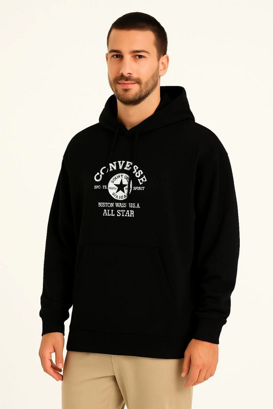 Kapşonlu Sweatshirt Ön  Arka Baskılı Siyah -
