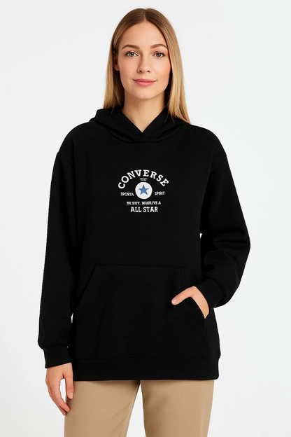 Kapşonlu SweatshirtOversize Fit, Ön  Arka Baskılı, Siyah -