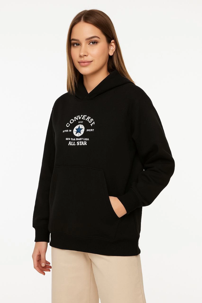 Kapşonlu SweatshirtOversize Fit, Ön  Arka Baskılı, Siyah -