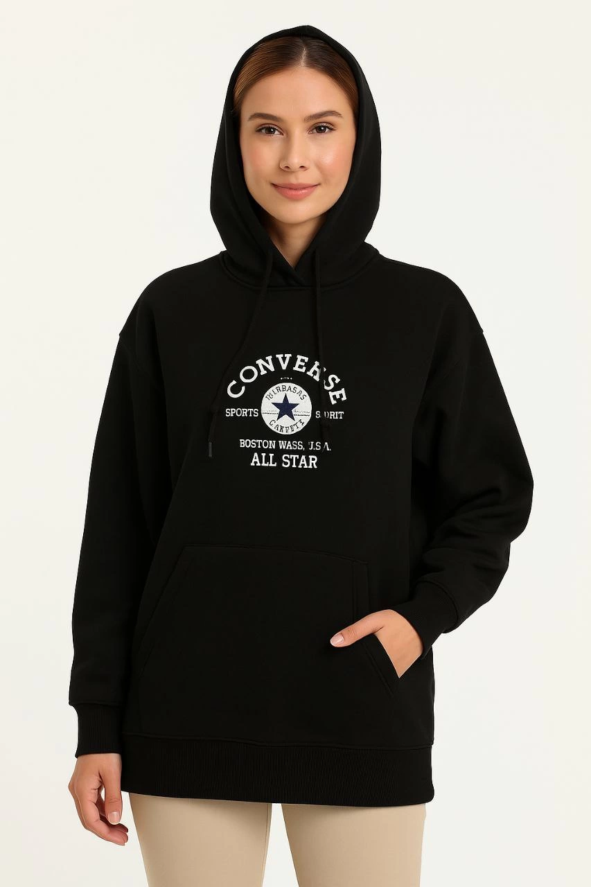 Kapşonlu SweatshirtOversize Fit, Ön  Arka Baskılı, Siyah -