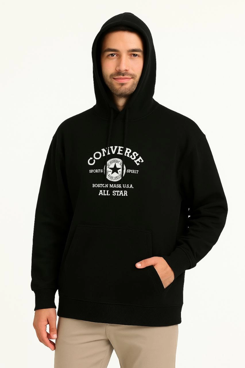 Kapşonlu Sweatshirt Ön  Arka Baskılı Siyah -