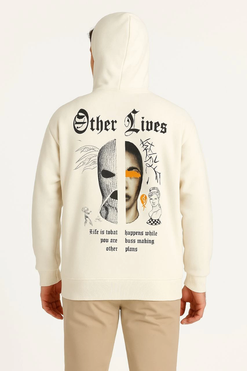 Kapşonlu Sweatshirt - Oversize 'Other Lives' Ön  Arka Baskılı- Beyaz -
