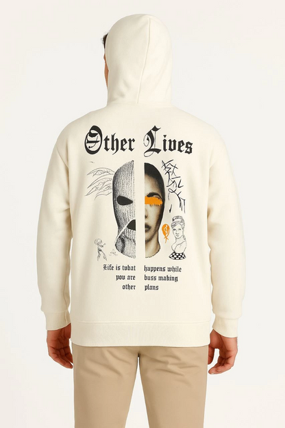 Kapşonlu Sweatshirt - Oversize 'Other Lives' Ön  Arka Baskılı- Beyaz -