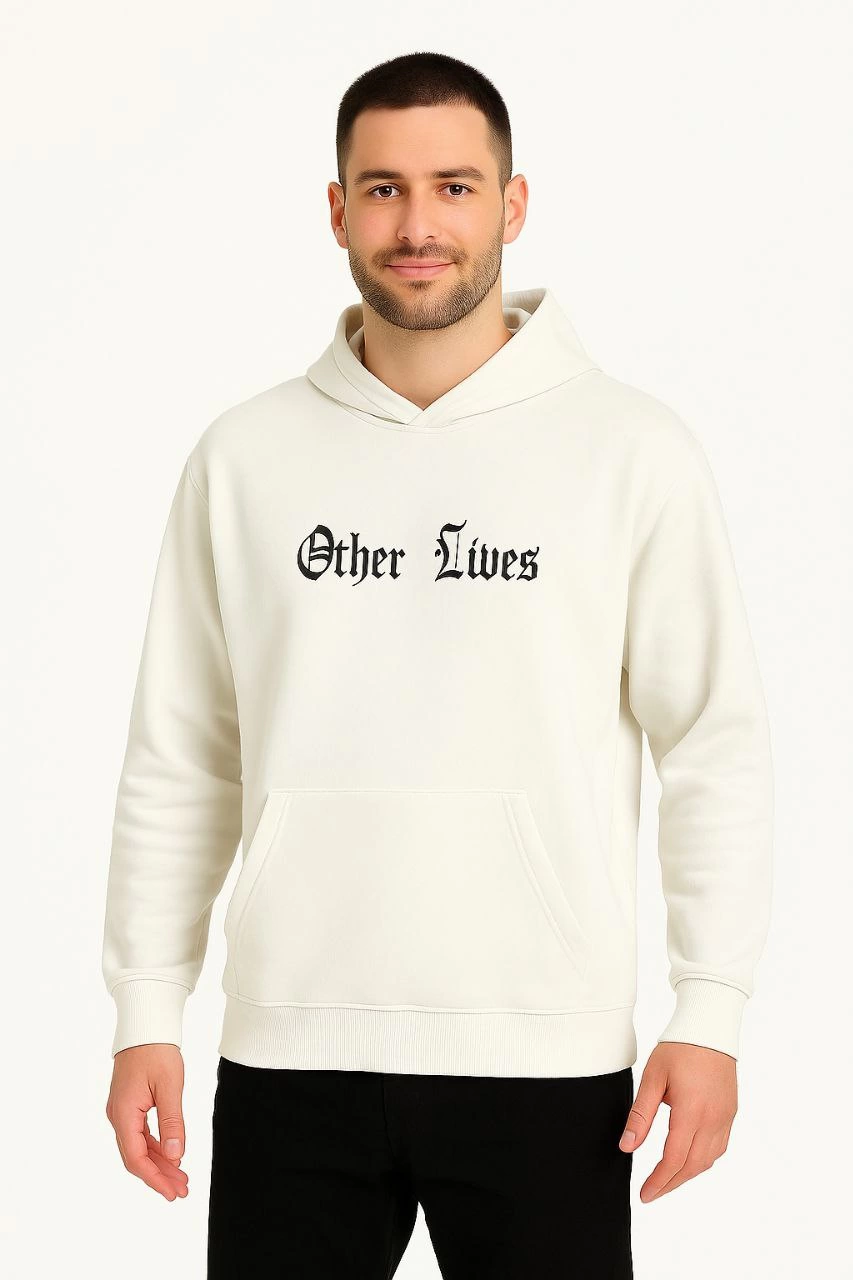 Kapşonlu Sweatshirt - Oversize 'Other Lives' Ön  Arka Baskılı- Beyaz -