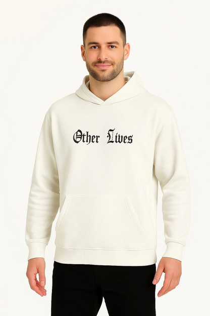 Kapşonlu Sweatshirt - Oversize 'Other Lives' Ön  Arka Baskılı- Beyaz -