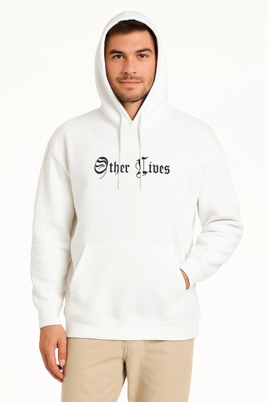 Kapşonlu Sweatshirt - Oversize 'Other Lives' Ön  Arka Baskılı- Beyaz -