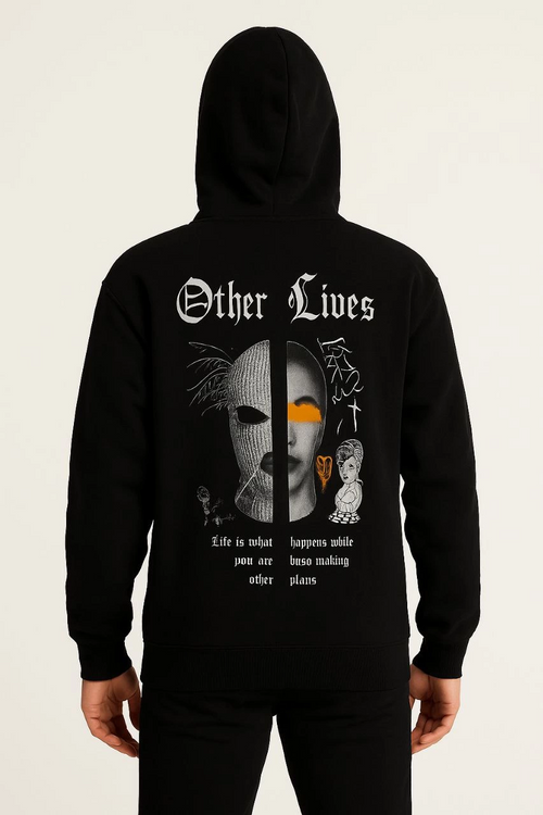Kapşonlu Sweatshirt 'Other Lives' Ön  Arka Baskılı - Siyah -