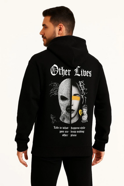 Kapşonlu Sweatshirt 'Other Lives' Ön  Arka Baskılı - Siyah -