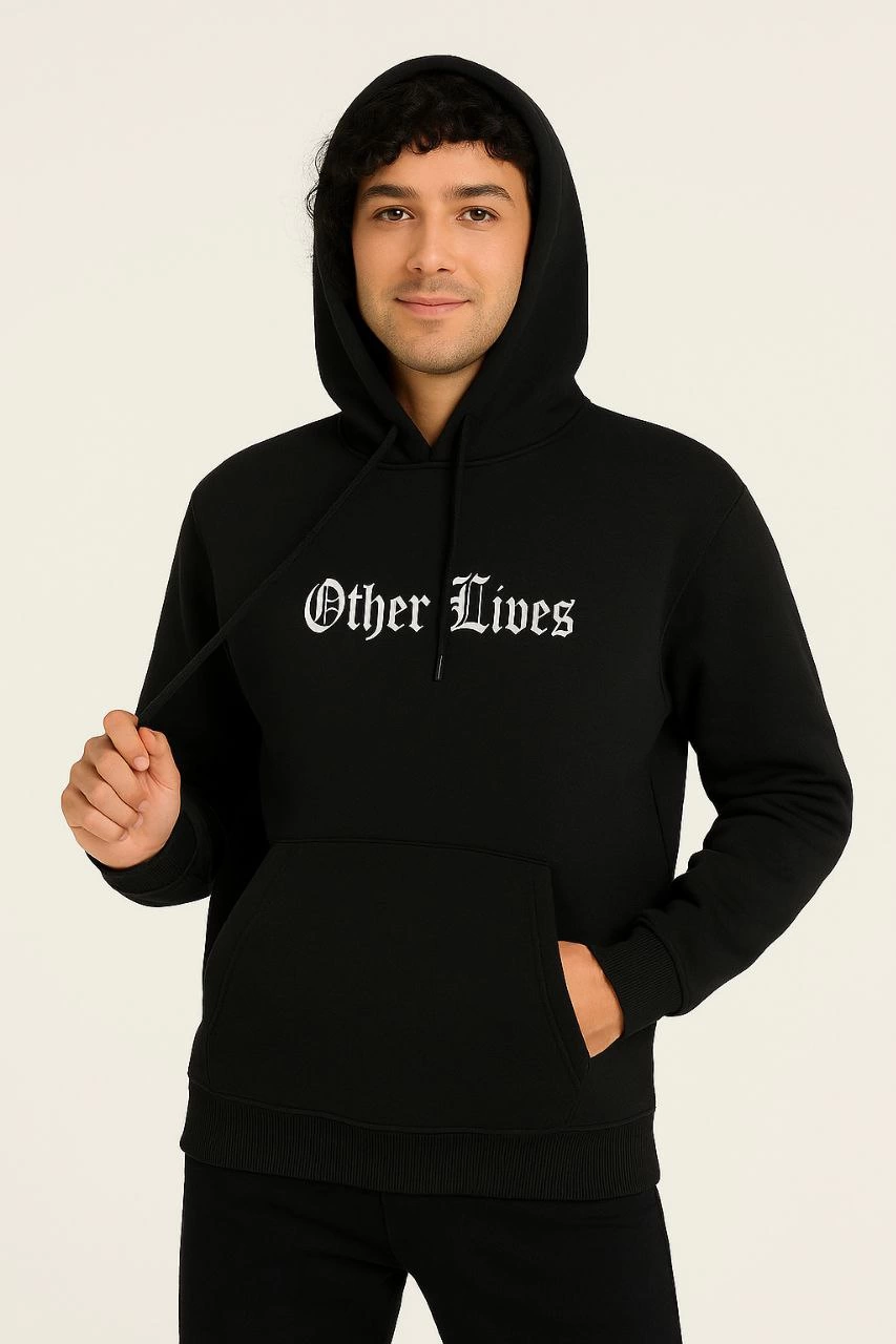 Kapşonlu Sweatshirt 'Other Lives' Ön  Arka Baskılı - Siyah -