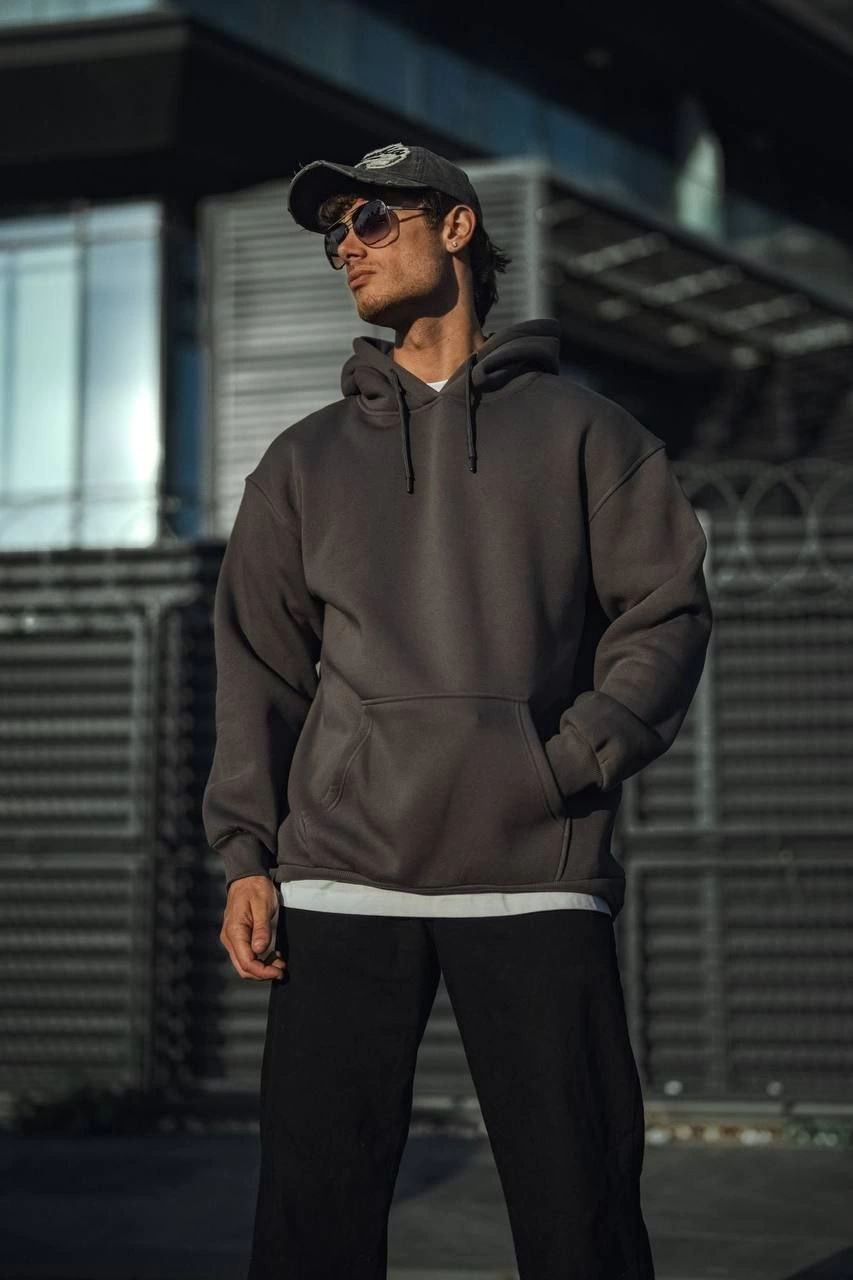 Üç İplik Penye Kapşonlu Basic SweatShirt - Füme -