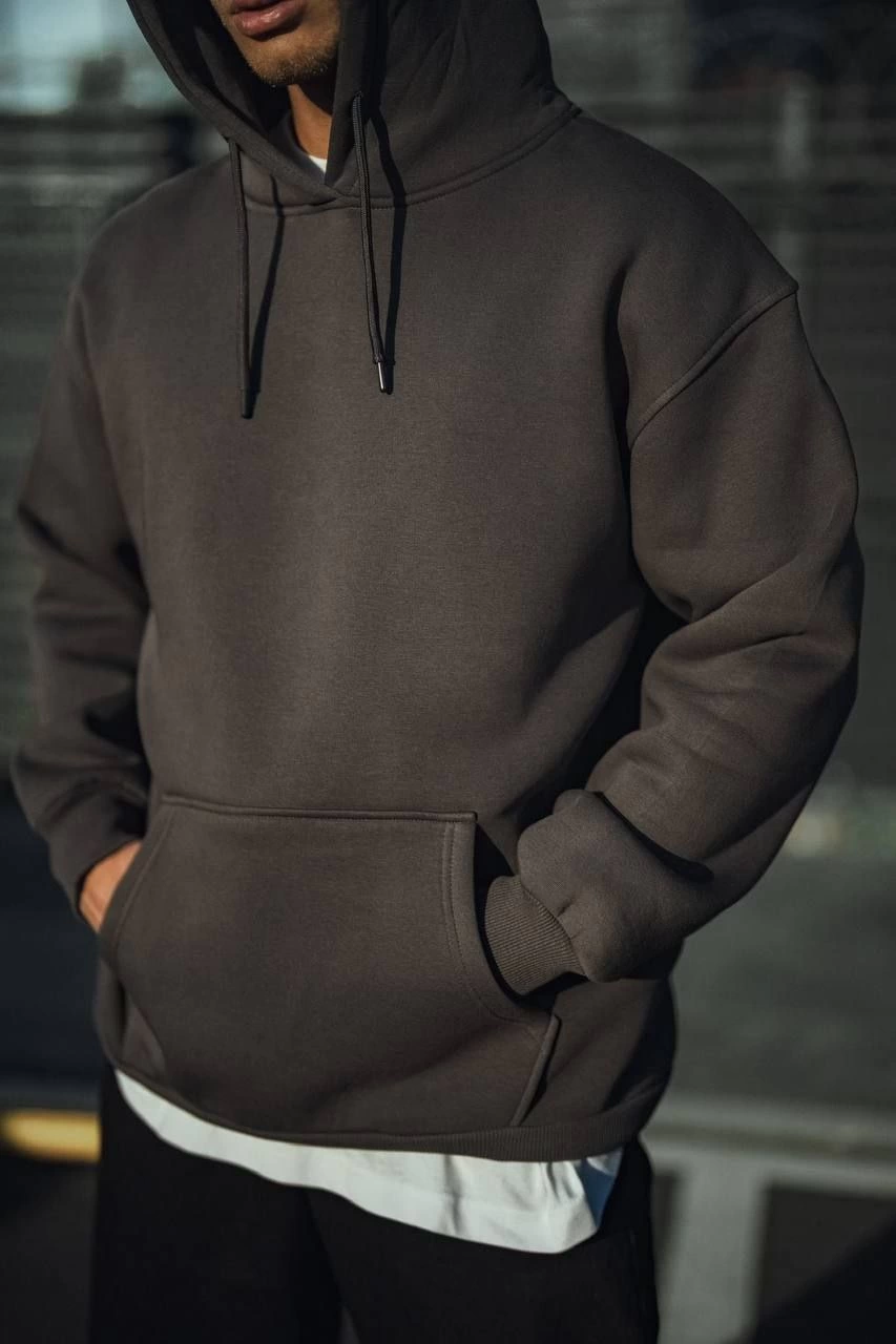 Üç İplik Penye Kapşonlu Basic SweatShirt - Füme -